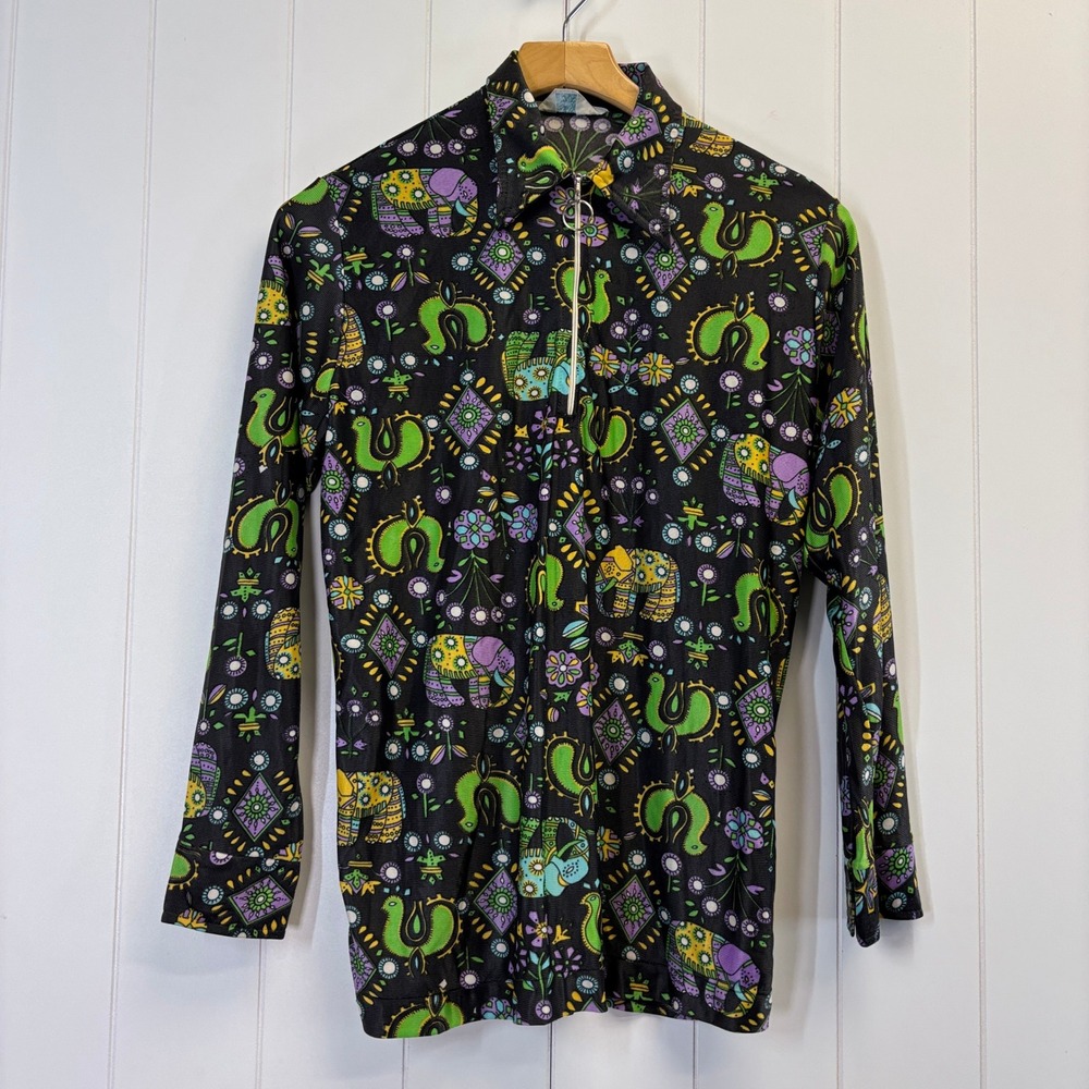 Vintage Lady Marion Women 70s Psychedelic Elephant 1/4 Zip Top Size M Artsy Boho